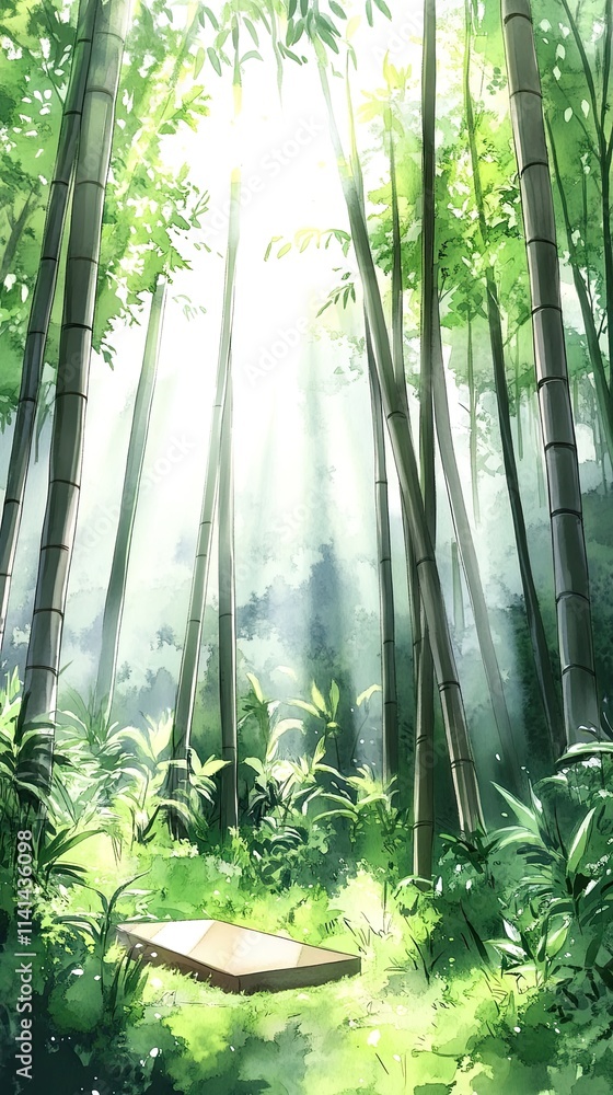 Poster sunbeams illuminate a path through a dense bamboo forest, creating a serene and peaceful atmosphere.