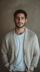 Obraz premium Man wears a softly textured cardigan in wide shot photo.. AI Generated