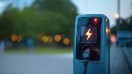 Electric vehicle charging station urban setting technology image evening ambience modern concept