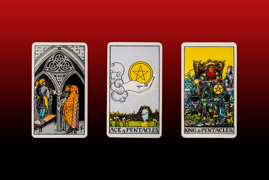 Yala Province, Thailand December 13, 2024. illustrative editorial tarot cards. Three of pentacles, Ace of pentacles, king of pentacles