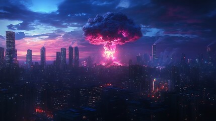 Obraz premium Pink Nuclear Explosion Over Futuristic Cityscape - Digital Art. AI Generated
