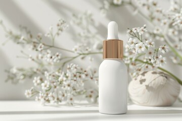 White dropper bottle with gold cap, nestled among white flowers and stone.