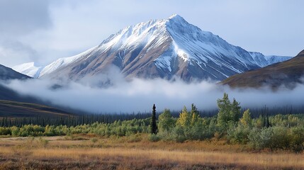 Fototapeta premium Majestic Alaskan Mountain Peak Shrouded in Autumn Mist. AI Generated