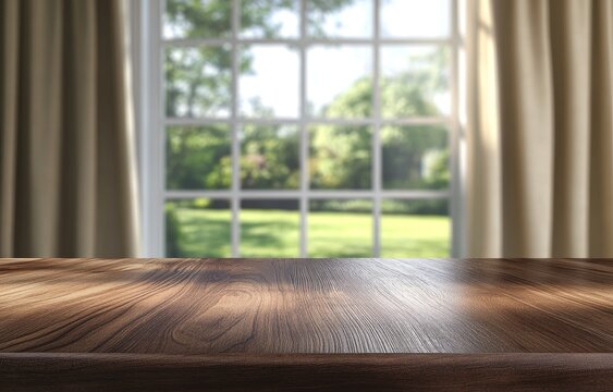 Fototapeta Wooden table top near window with garden view.