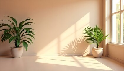 Fototapeta premium A tropical indoor scene with palm leaves and sunlight streaming through a window , creating a warm and serene atmosphere