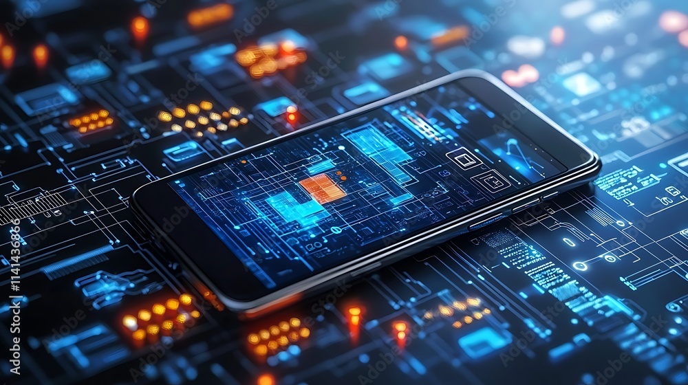 Poster Smartphone displaying digital data on a circuit board background.