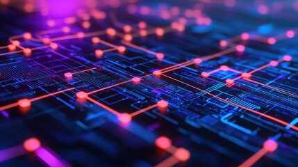 Obraz premium A vibrant, abstract representation of digital circuits with glowing nodes and interconnecting lines, embodying technology and innovation.