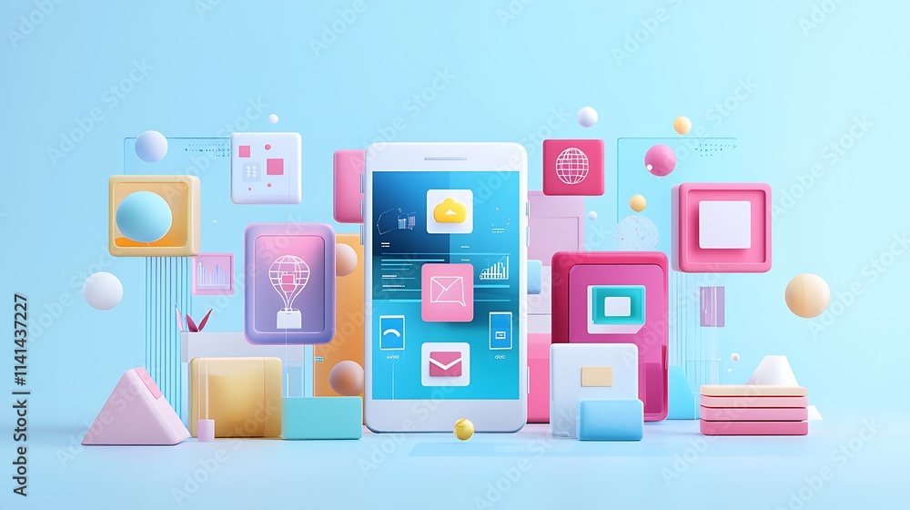 Poster Smartphone displaying app icons surrounded by colorful 3D shapes and floating elements on a light blue background.