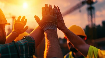 A close-up of construction workers celebrating with high-fives during sunset, showcasing teamwork and camaraderie on a job site.
