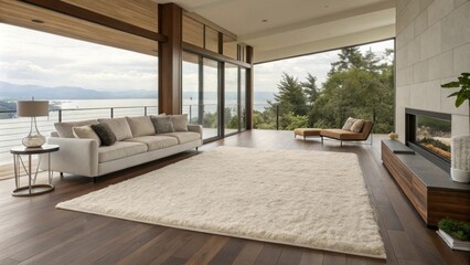 Fototapeta premium A plush area rug unifies the setting providing warmth underfoot while contrasting with the smooth surfaces of the hardwood inviting relaxation in this open area.