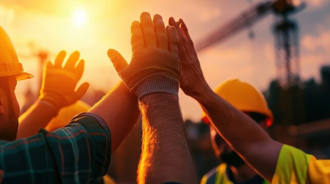 A close-up of construction workers celebrating with high-fives during sunset, showcasing teamwork and camaraderie on a job site.