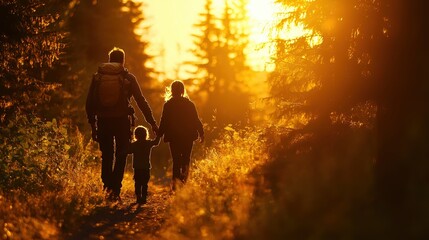Fototapeta premium A family walks hand in hand along a sunlit forest path, surrounded by trees, capturing a warm, peaceful moment in nature.