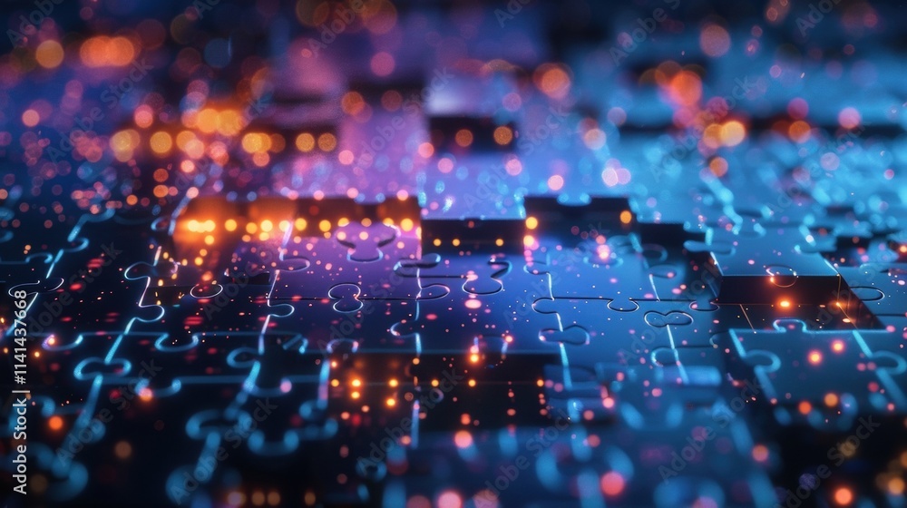 Poster puzzle pieces are connecting with glowing futuristic lights, representing the complex network of inf