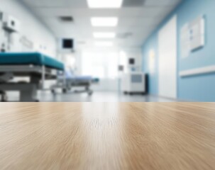 Empty wooden table in blurred hospital corridor. (3)