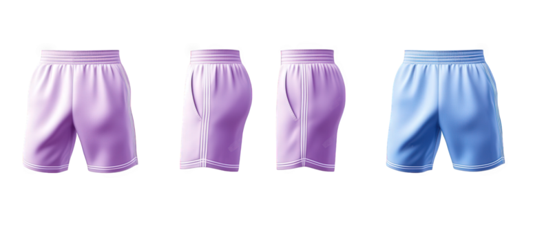 three pairs of athletic shorts in various colors and angles. isolated on transparent background