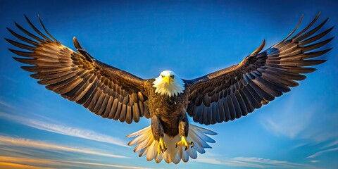 Obraz premium Majestic Bald Eagle Soaring in a Clear Blue Sky, Symbolizing Freedom and Power, Glorious Feathers Glimmering in the Sunlight, Nature's Majesty Captured in Flight