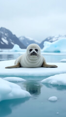 “Weddell Seal Resting on Ice” – A Weddell seal resting on a sheet of ice surrounded by glacial blue waters, showcasing the unique wildlife of Antarctica.
