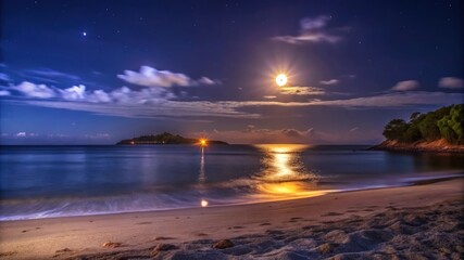 Fototapeta premium Tranquil Beachscape Illuminated by a Full Moon and Stars