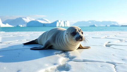 Naklejka premium “Weddell Seal Resting on Ice” – A Weddell seal resting on a sheet of ice surrounded by glacial blue waters, showcasing the unique wildlife of Antarctica. 