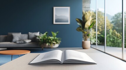 Open Book on Modern Coffee Table, Sunlit Living Room Interior 3D Render. AI Generated