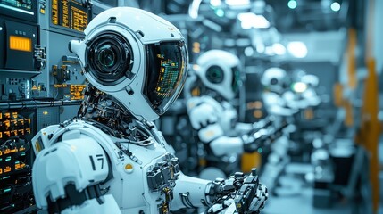 Fototapeta premium A futuristic scene featuring humanoid robots with advanced technology in a high-tech environment.