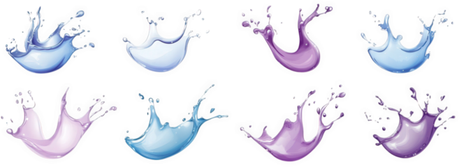 a collection of eight vibrant liquid splashes in blue. purple. and pink shades isolated on a transparent background they are arranged in two rows of four. with each splash having a unique shape and di