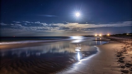 A Beach Under a Starry Sky with a Bright Moon