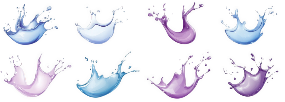 a collection of eight vibrant liquid splashes in blue. purple. and pink shades isolated on a transparent background they are arranged in two rows of four. with each splash having a unique shape and di