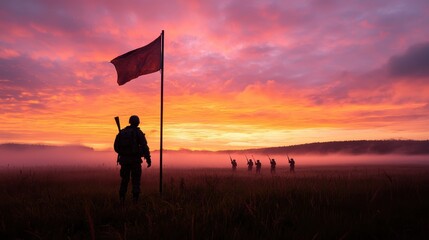 A soldier stands by a flag at sunset, silhouetted against vibrant skies, while figures move forward in the misty landscape.