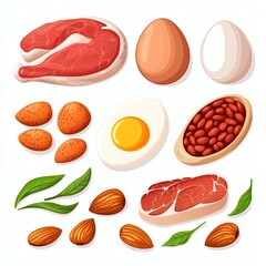 A colorful assortment of protein-rich foods, including meats, eggs, nuts, and beans, arranged artistically with green leaves.