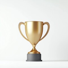 Fototapeta premium A shiny gold trophy with ornate handles, sitting on a gray base, symbolizing achievement and success against a minimalist background.