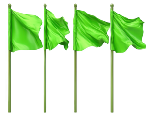 four green flags waving in the wind isolated on transparent background