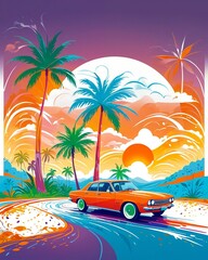 Classic car in tropical sunset. Summer vacation retro car. Abstract watercolor drawing for greeting card template, poster, sticker.