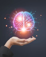 Brain in hands of the business man on abstract background