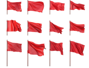 a collection of 12 red flags waving in the wind. isolated on a transparent background the flags are all made of a smooth. silky fabric and are flying in various positions. creating a dynamic and eye-c
