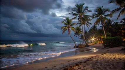 Fototapeta premium Palm Trees Silhouetted Against a Stormy Sky Over a Tropical Beach