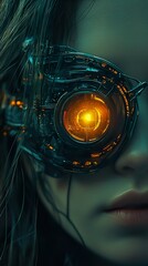 Naklejka premium Cyberpunk Woman: Glowing Digital Eye, Futuristic Portrait
