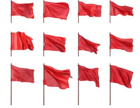 a collection of 12 red flags waving in the wind. isolated on a transparent background the flags are all made of a smooth. silky fabric and are flying in various positions. creating a dynamic and eye-c