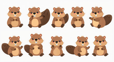 Fototapeta premium Cute Cartoon Beaver Illustration Collection Featuring Adorable Poses for Children's Designs and Educational Materials