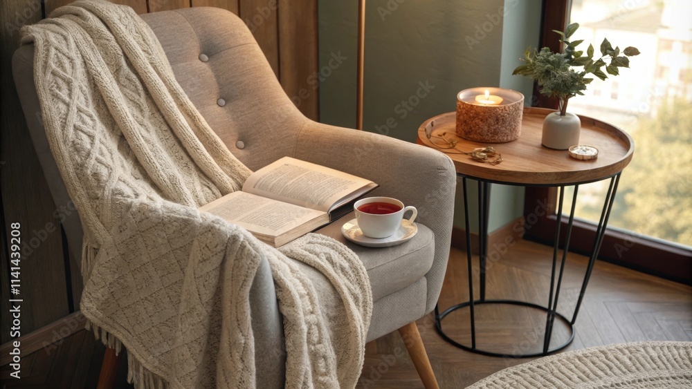 Poster A plush armchair nestled in a cozy corner is draped with a soft knitted blanket inviting readers to sink in and lose themselves in a good book with a small side table holding a