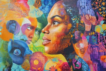 Abstract Mural of Faces on a Brick Wall