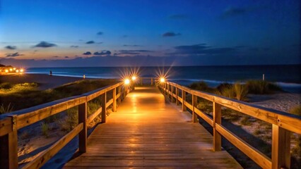 Obraz premium Lighted Wooden Boardwalk Leading to the Ocean at Dusk