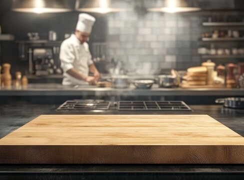Empty wooden cutting board on a kitchen counter with a chef in the background.