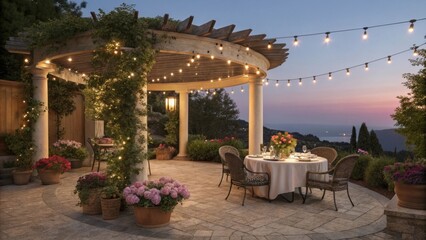 Fototapeta premium A picturesque outdoor dining nook featuring a circular table surrounded by lush planters and vibrant blooms. The pergola draped gracefully with string lights casts a gentle