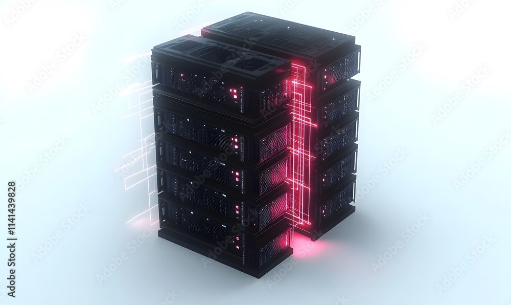 Poster server stack with glowing red lines.