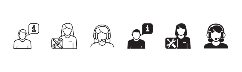 Customer service and support operator icon set. Help center and information hot line staff or agent icons. technical support mail contact signs. Vector stock illustration.