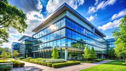 Fototapeta premium Modern Office Building Facade with Lush Greenery and Clear Blue Sky â€“ Ideal for Corporate Settings, Business Development, and Real Estate Marketing