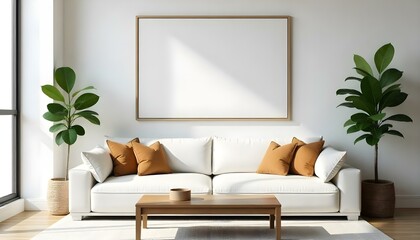 A modern living room with a white sofa, brown throw pillows, a wooden coffee table, and a large empty frame on the wall