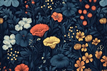 A Seamless Pattern of Detailed Flowers and Foliage in a Dark Blue Hue