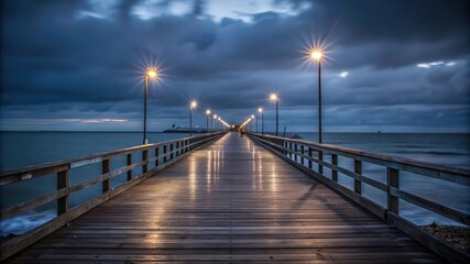 Obraz premium Illuminated wooden pier extending towards the horizon under a cloudy dusk sky